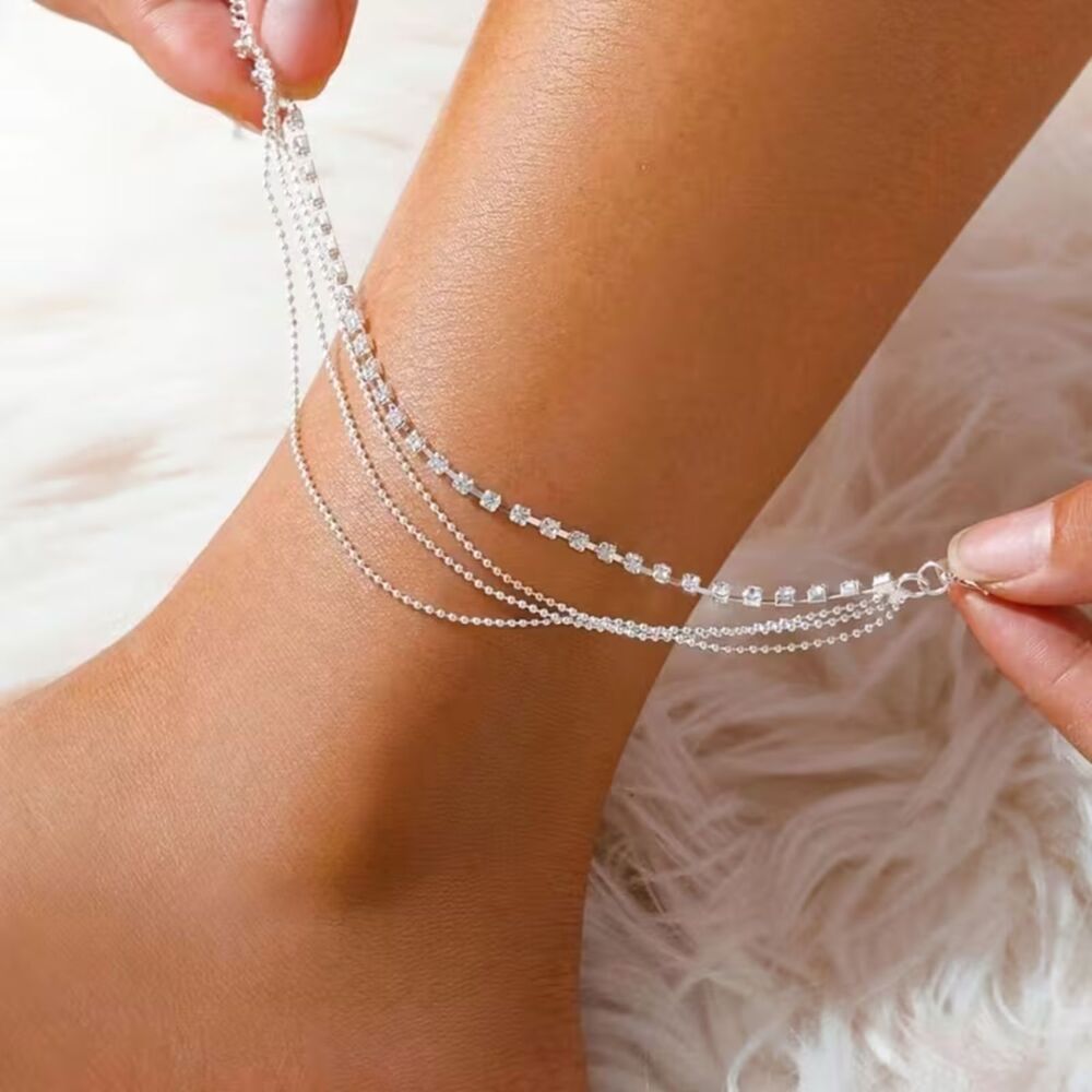 Silver Stainless Steel Multi Layer Anklet Adjustable Beaded Chain Summer Beach